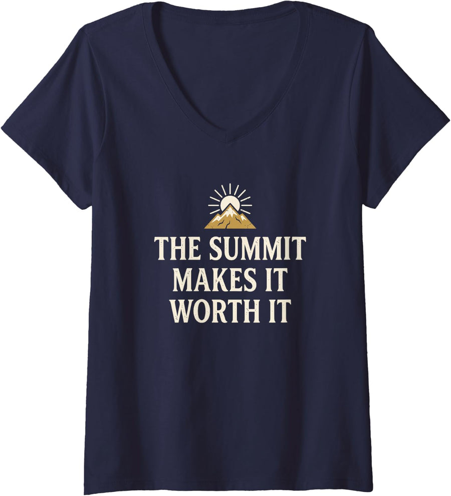Women's Hiker Summit Makes It Worth It Mountain Hiking V-Neck T-Shirt - Navy Blue