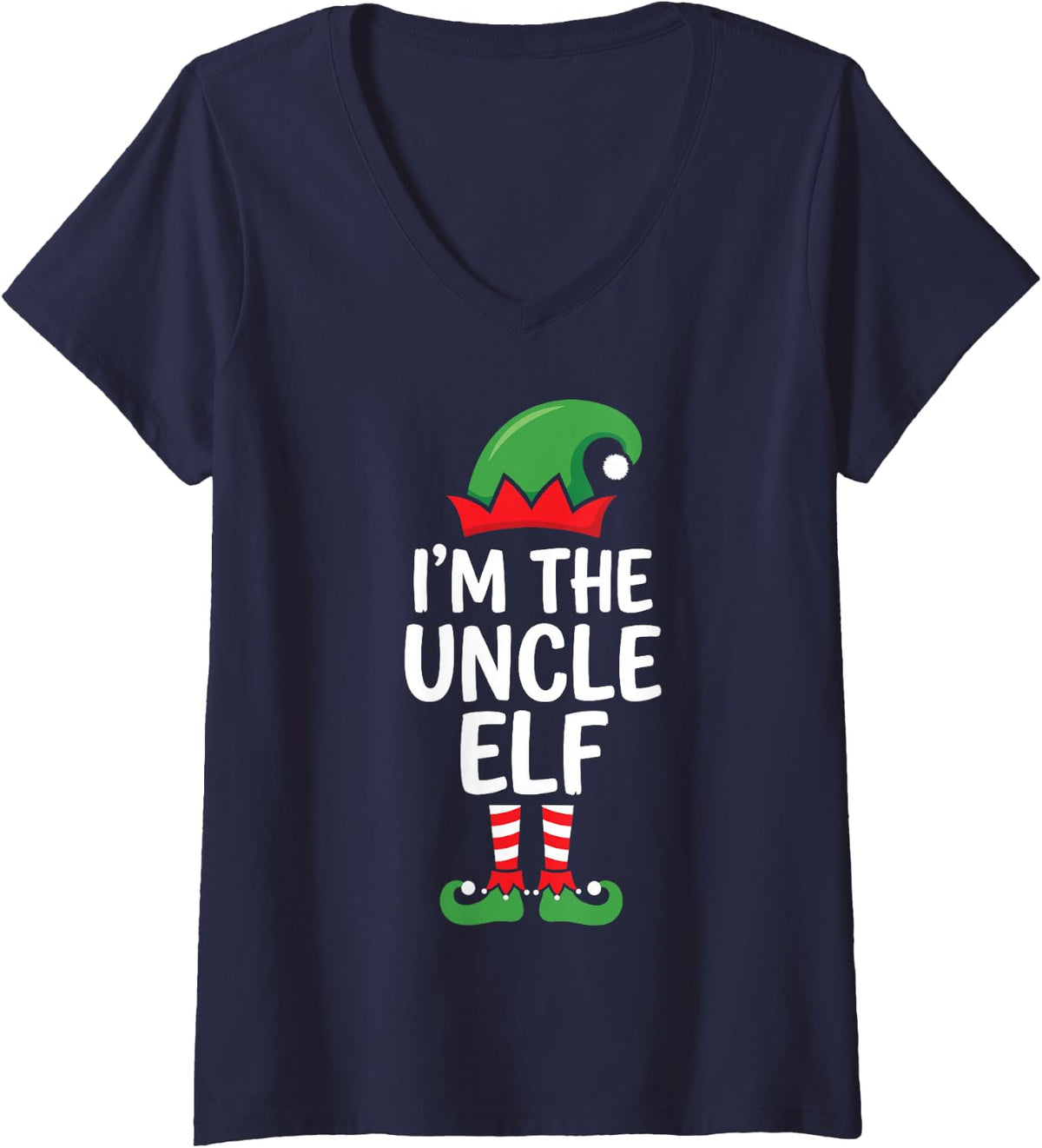 Women's I'm the Uncle Elf Ugly Christmas Matching Family Group V-Neck T-Shirt - Navy Blue
