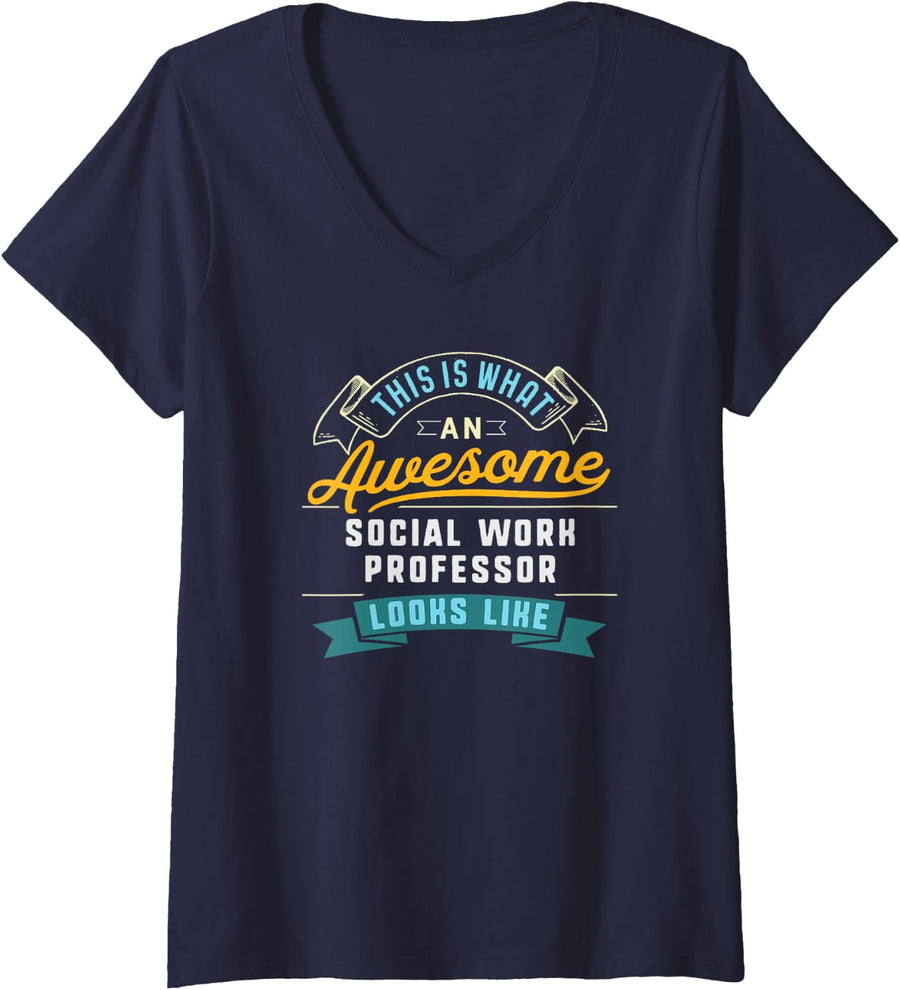 Women's Funny Social Work Professor Shirt Awesome Job Occupation V-Neck T-Shirt - Navy Blue