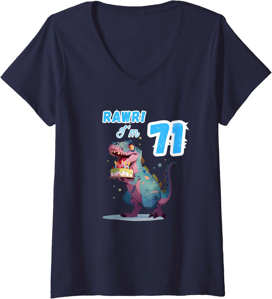 Women's Rawr I'm 71 Birthday T Rex Dinosaur Party V-Neck T-Shirt - Navy Blue