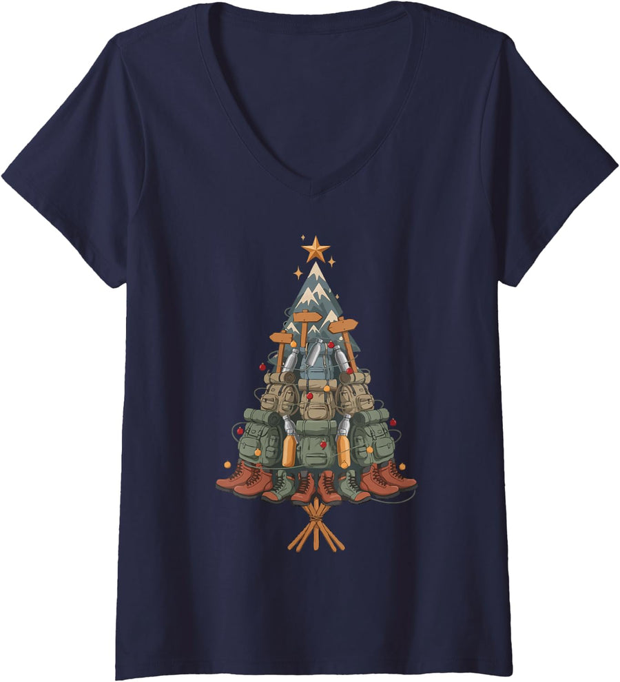 Women's Hiker Christmas Tree V-Neck T-Shirt - Navy Blue