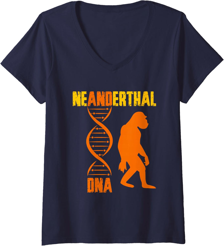 Women's Neanderthal Primate Cavemen DNA Genetics Paleoanthropology V-Neck T-Shirt - Navy Blue