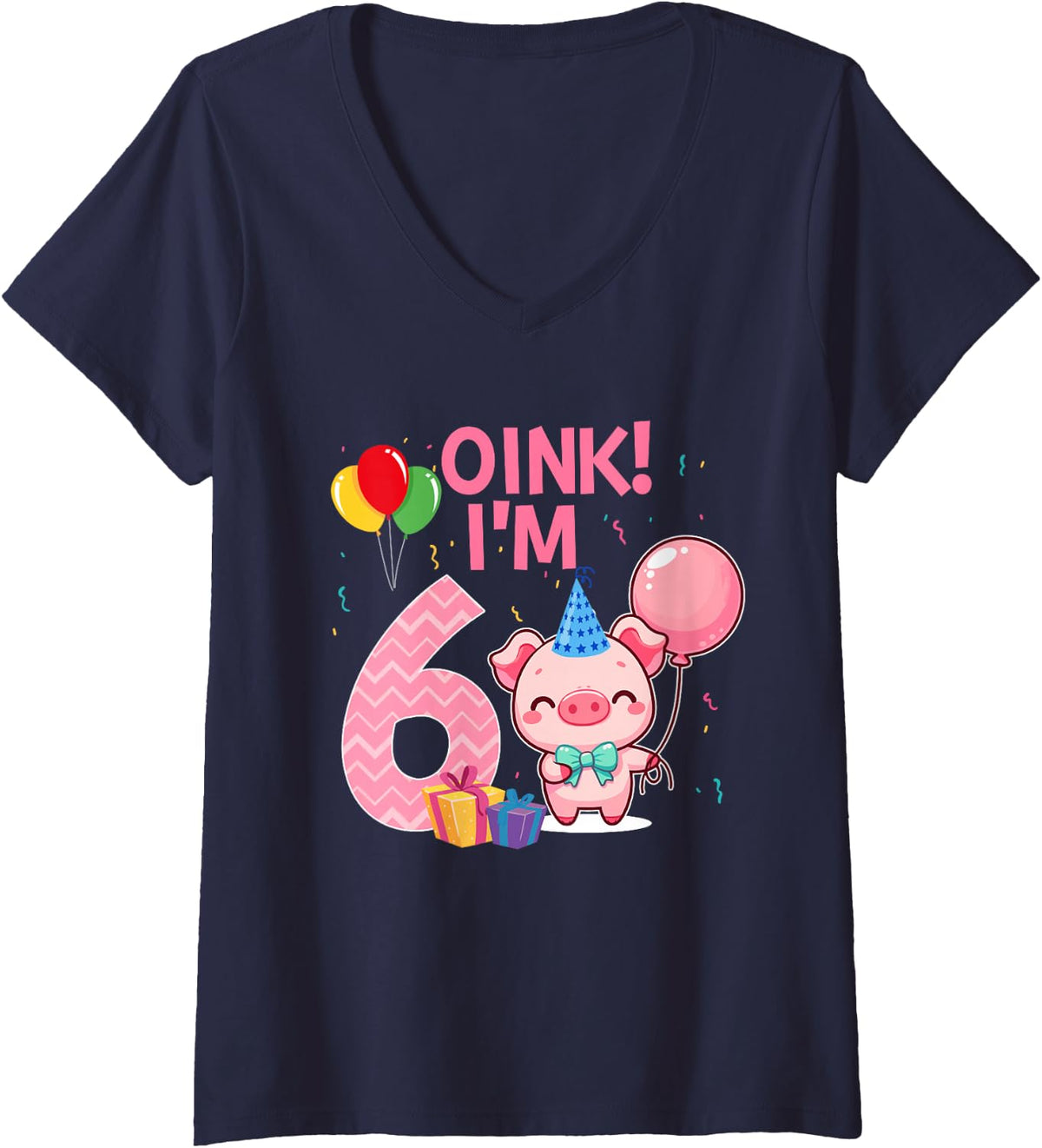 Women's 6 Year Old Pig Lover 6th Birthday Farm Animals Themed V-Neck T-Shirt - Navy Blue