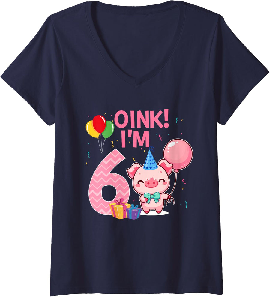 Women's 6 Year Old Pig Lover 6th Birthday Farm Animals Themed V-Neck T-Shirt - Navy Blue