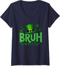 Women's Bruh Dabbing Shamrock Clover St Patricks Day Teens Boys Kids V-Neck T-Shirt - Navy Blue