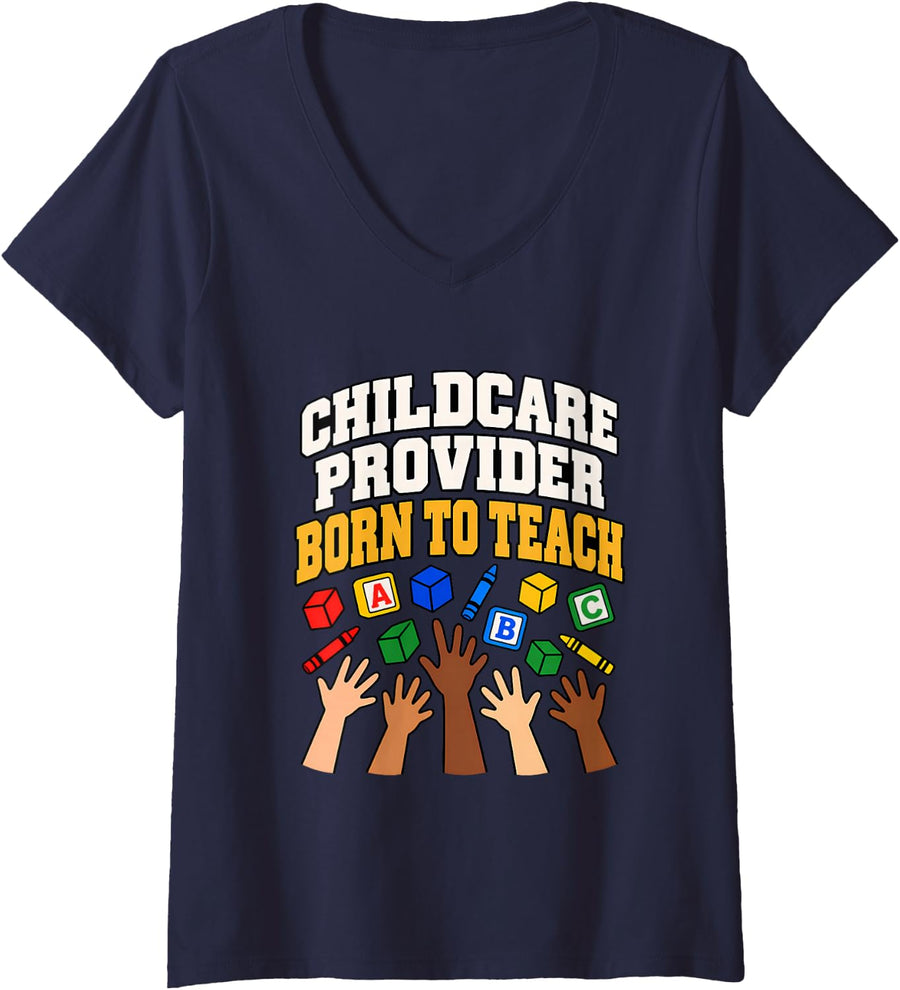 Women's Childcare Provider Born to Teach Daycare Heroes Daycare Life V-Neck T-Shirt - Navy Blue