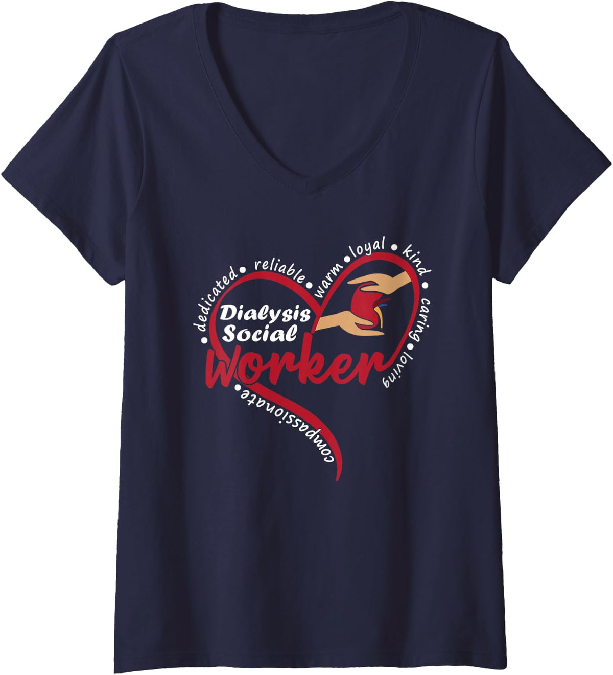 Women's Dialysis Social Worker Kidney Renal Heart V-Neck T-Shirt - Navy Blue