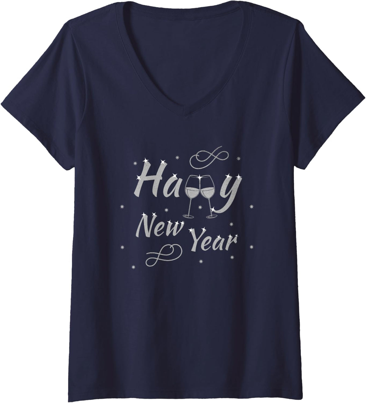 Women's Happy New Year NYE New Years Eve Party Glasses V-Neck T-Shirt - Navy Blue