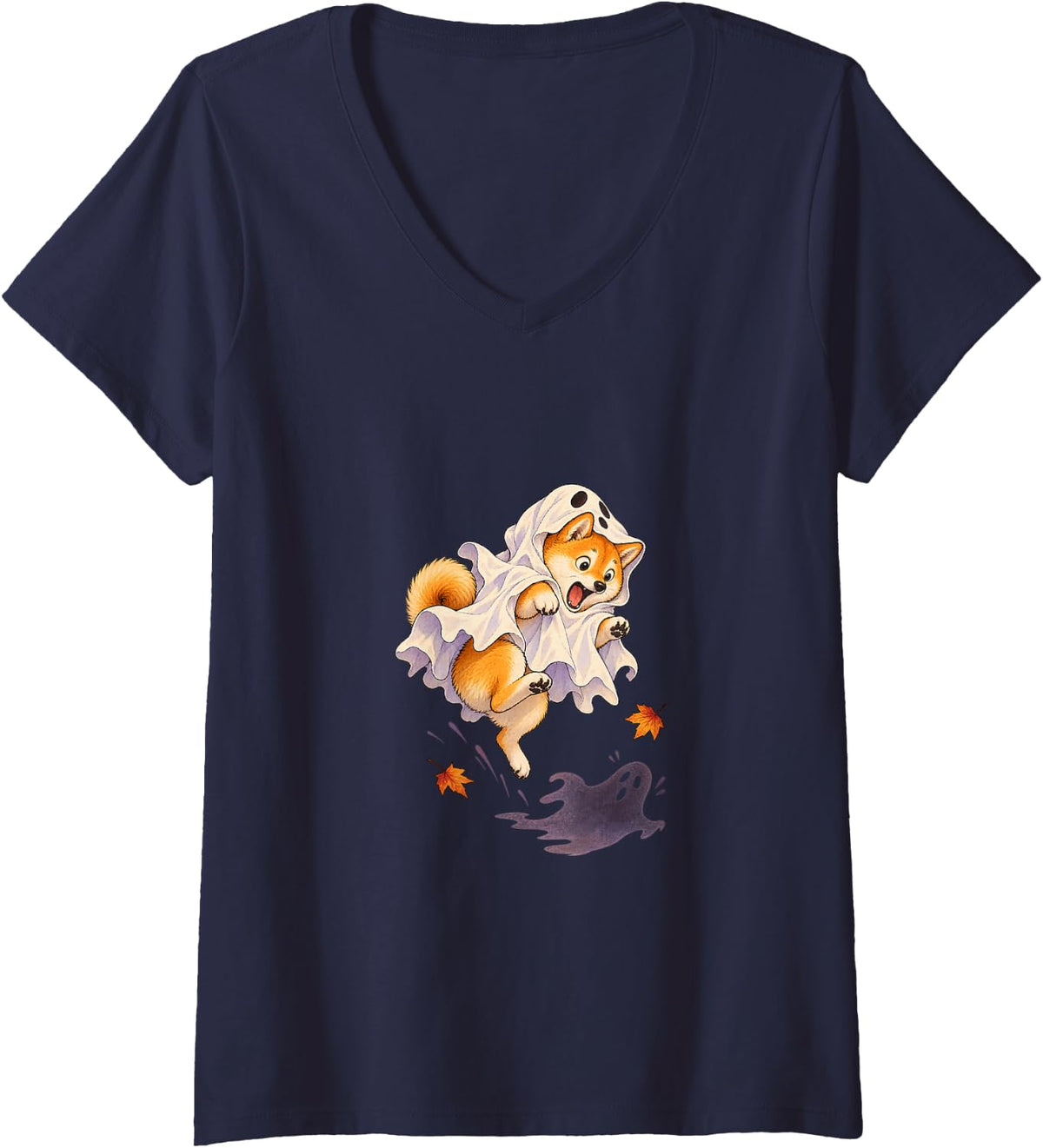 Women's Shiba Inu Startled by a Ghost Shadow V-Neck T-Shirt - Navy Blue