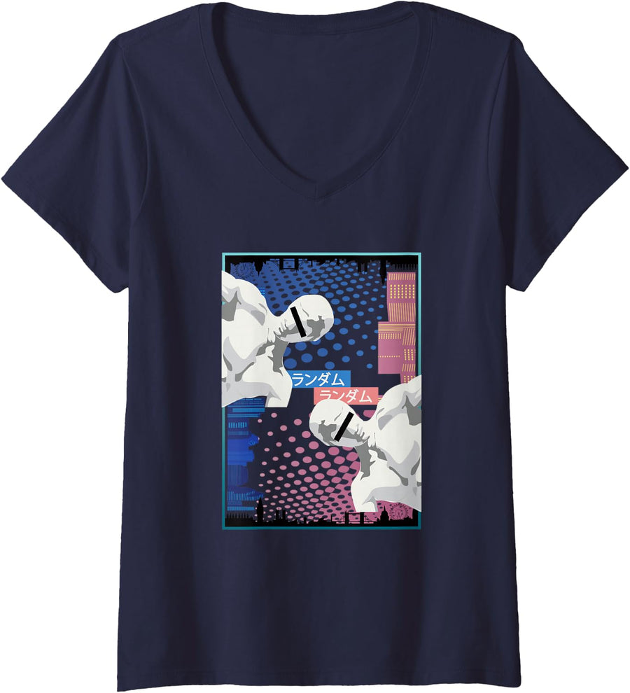 Women's Aesthetic Vaporwave Random City Statue V-Neck T-Shirt - Navy Blue