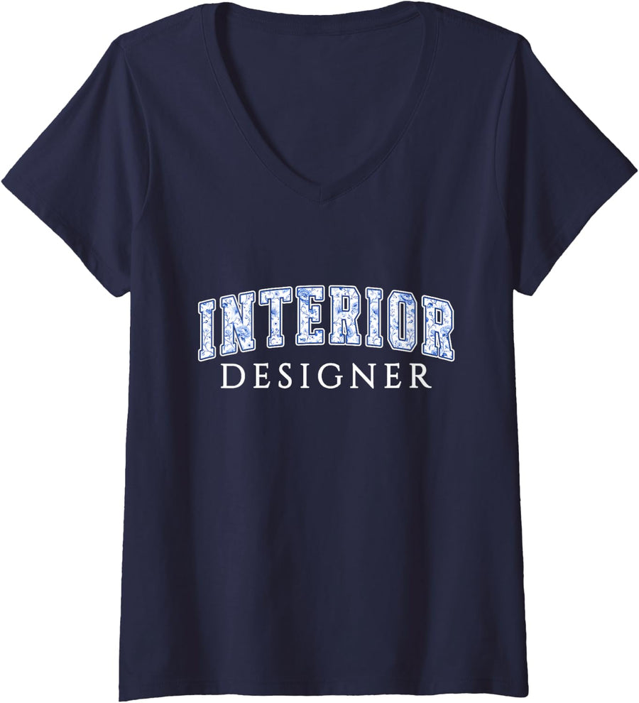 Women's Interior Designer Blue Floral Varsity Letters Decorator V-Neck T-Shirt - Navy Blue