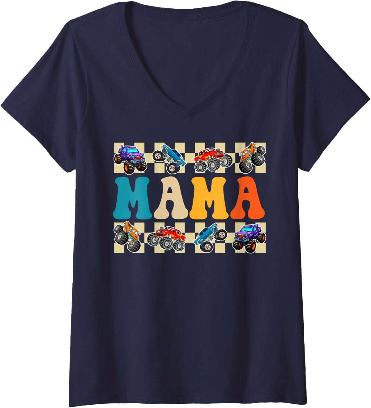 Women's Mama Monster Truck Birthday Crew Family Matching Mom Women V-Neck T-Shirt - Navy Blue