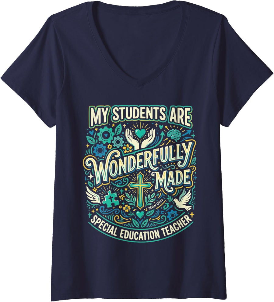 Women's Christian Sped Teacher Team Jesus Special Education Teacher V-Neck T-Shirt - Navy Blue