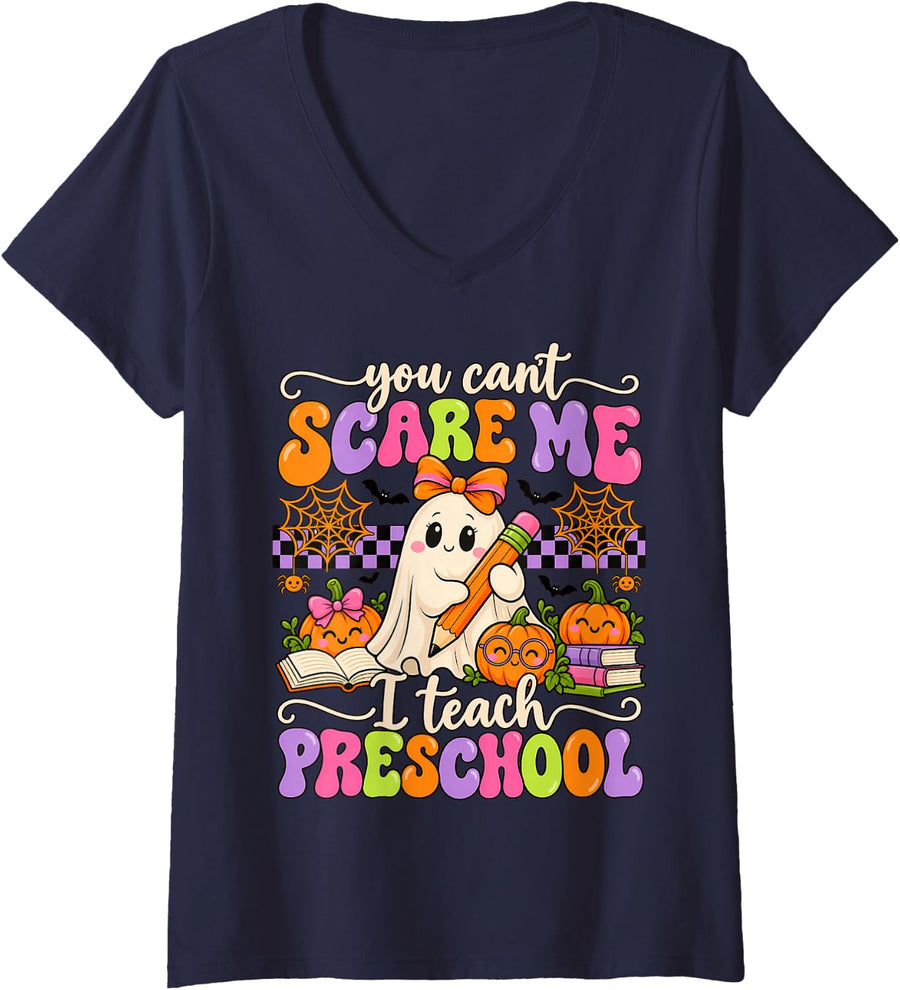 Women's You Cant Scare Me I Teach Preschool Teacher Halloween Women V-Neck T-Shirt - Navy Blue