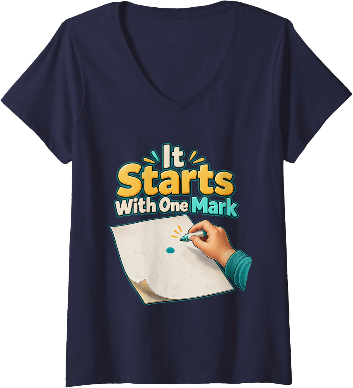 Women's It Starts with One Mark Dot Day Teacher Polka Dot Graphic V-Neck T-Shirt - Navy Blue