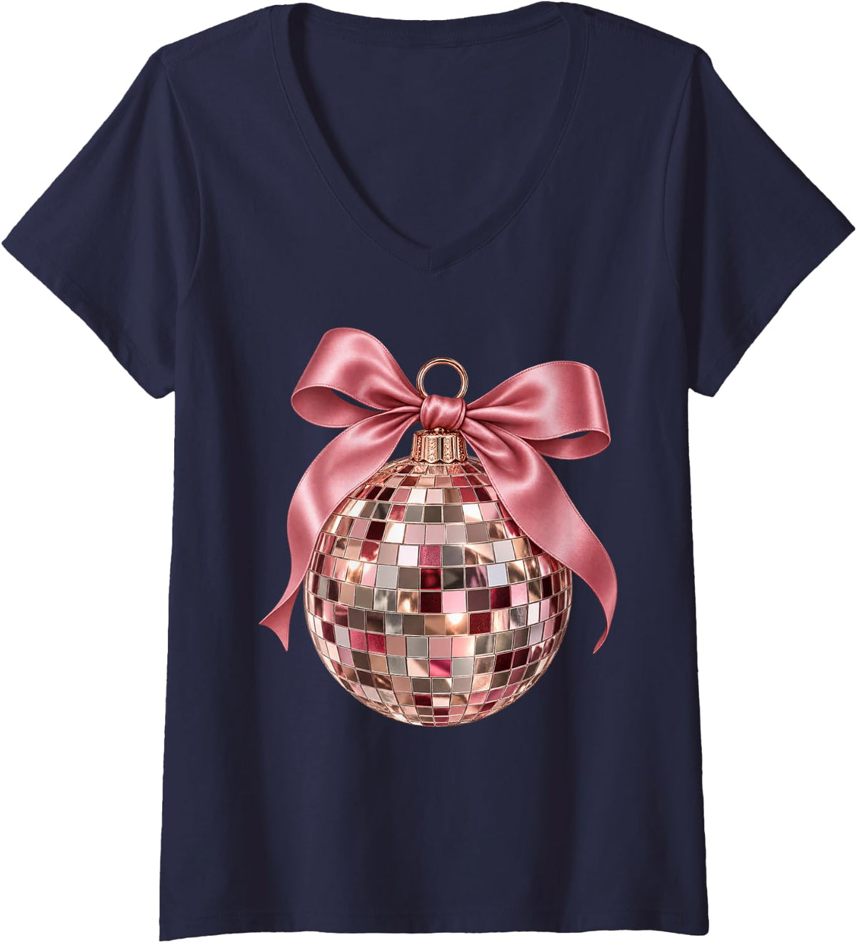Women's Pink Disco Ball Bow Coquette Christmas New Years Eve V-Neck T-Shirt - Navy Blue
