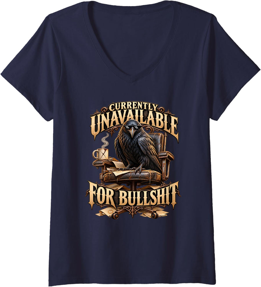 Women's Raven Pixel Sunglasses Sarcasm, Gothic Humor V-Neck T-Shirt - Navy Blue
