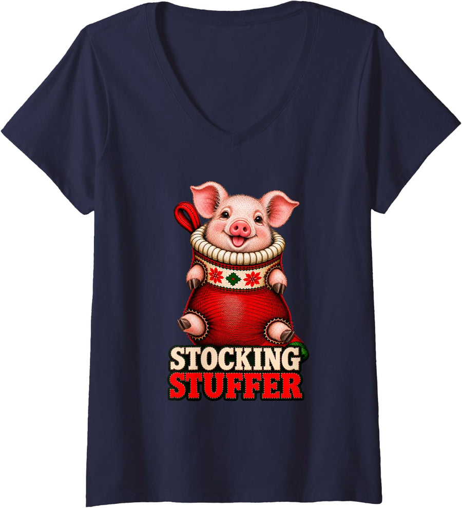 Women's Pig Piglet Christmas Stocking Stuffer V-Neck T-Shirt - Navy Blue
