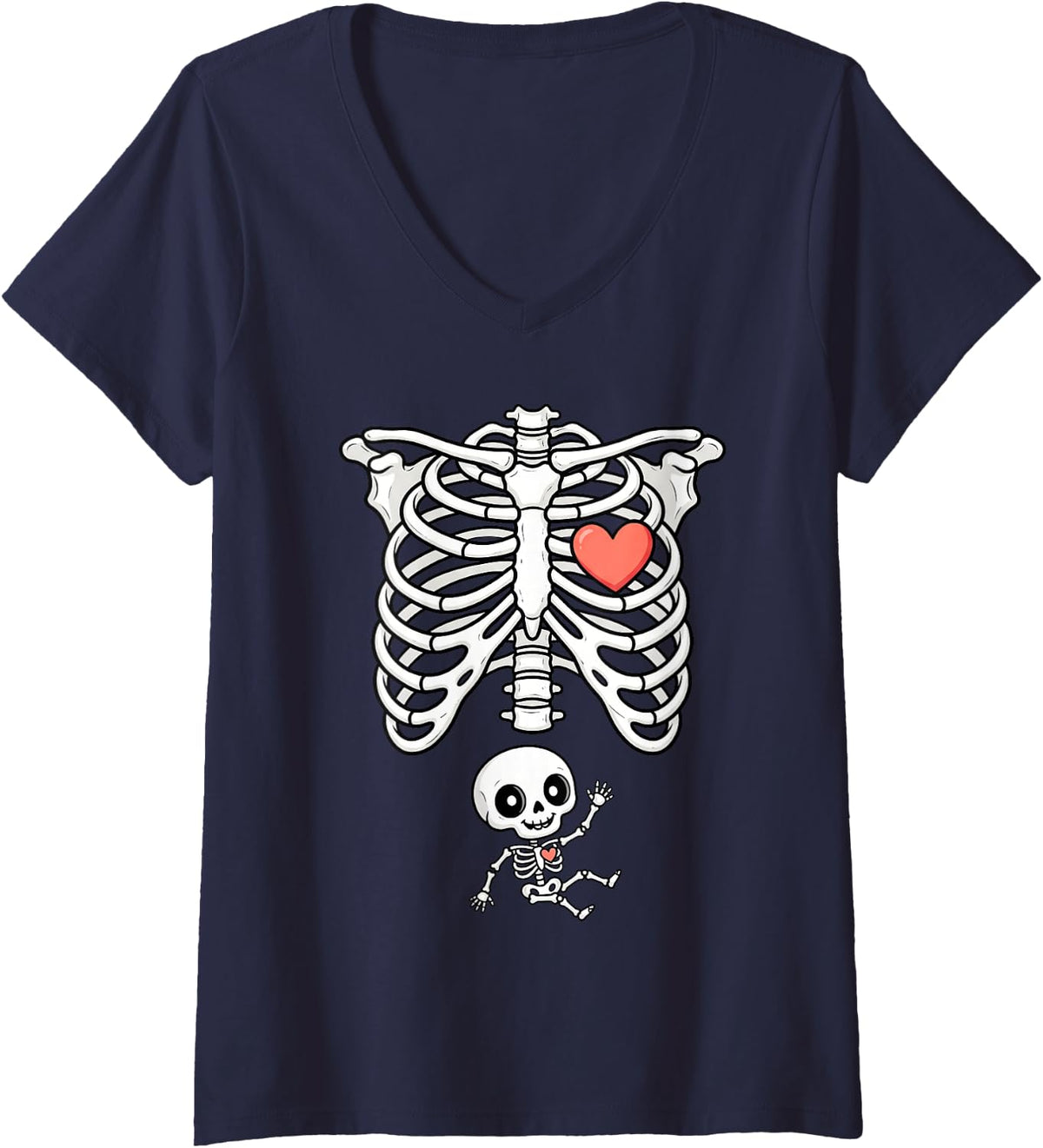 Women's Pregnant Skeleton Halloween Couple Baby Announcement Mom V-Neck T-Shirt - Navy Blue