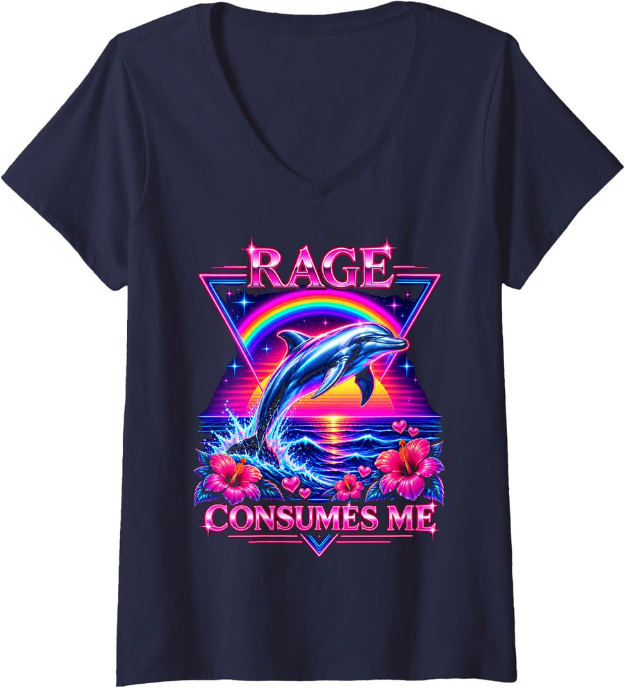 Women's Dolphin Jump - Rage Consumes Me Synthwave Sunset V-Neck T-Shirt - Navy Blue