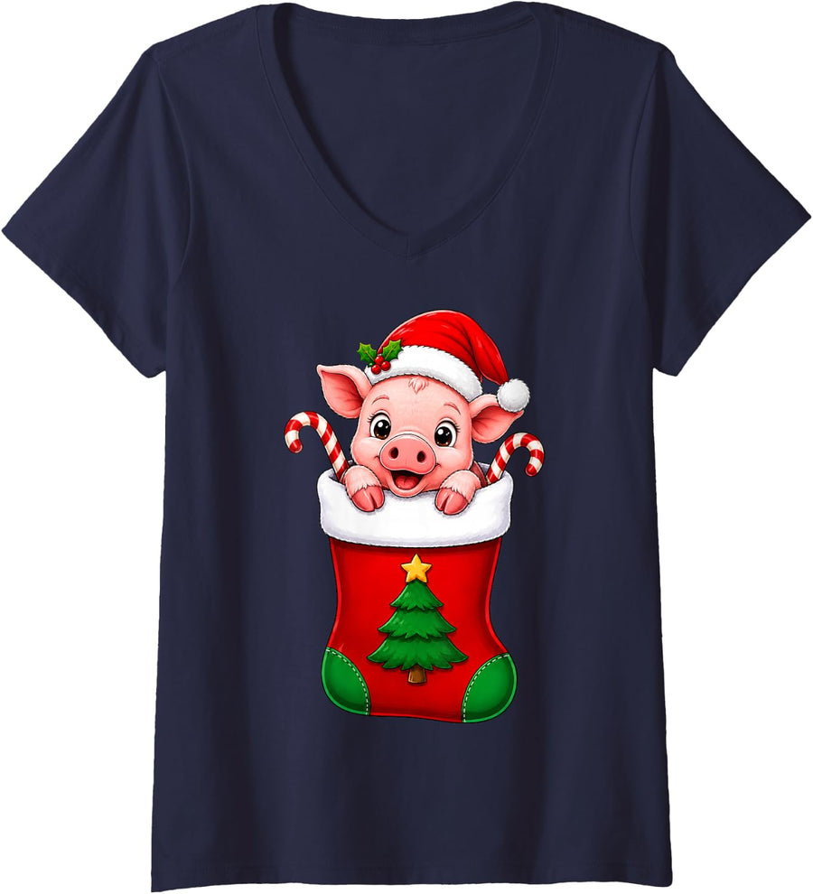 Women's Cute Festive Pig in Christmas Stocking Funny Pig V-Neck T-Shirt - Navy Blue