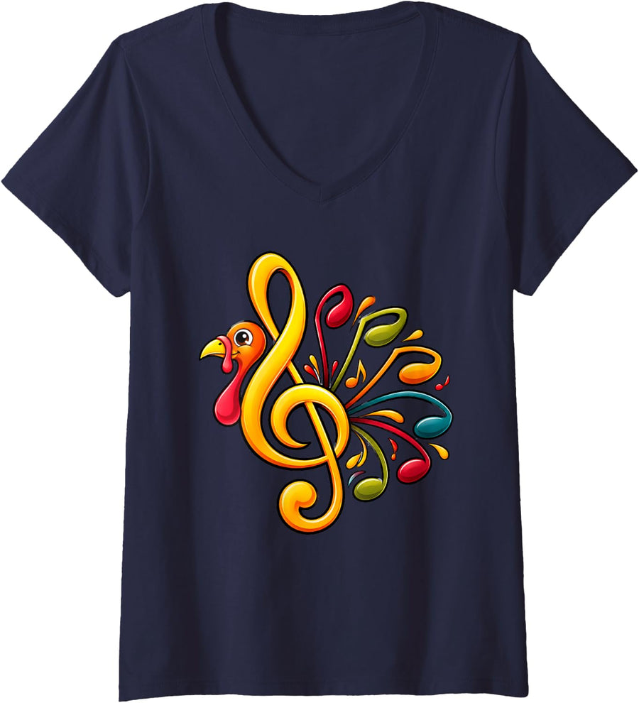 Women's Music Note Symbol Turkey Teacher Fall Thanksgiving Autumn V-Neck T-Shirt - Navy Blue