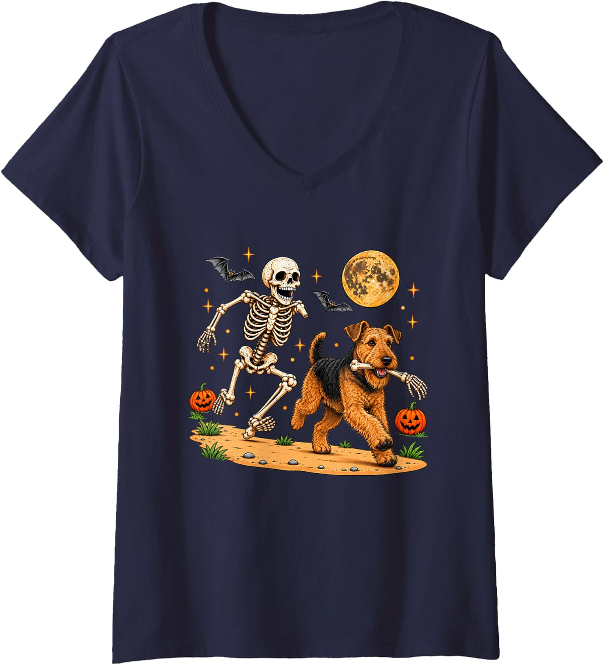 Women's Funny Skeleton Chasing Airedale Terrier Halloween Dog Mom V-Neck T-Shirt - Navy Blue