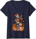 Women's Funny Shiba Inu Skeleton Spooky Dog Lover Halloween V-Neck T-Shirt - Navy Blue