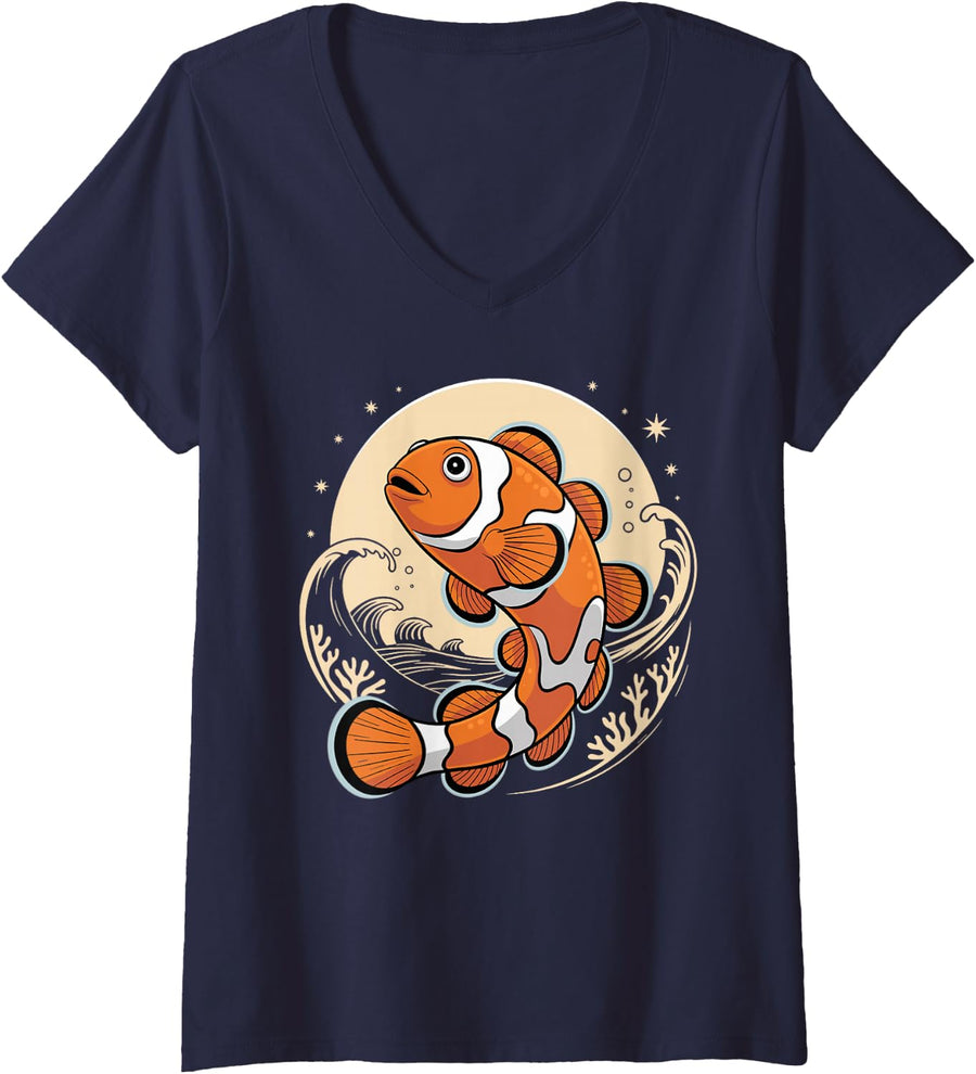 Women's Retro Clownfish Moon Coral Reef Saltwater Aquarium V-Neck T-Shirt - Navy Blue