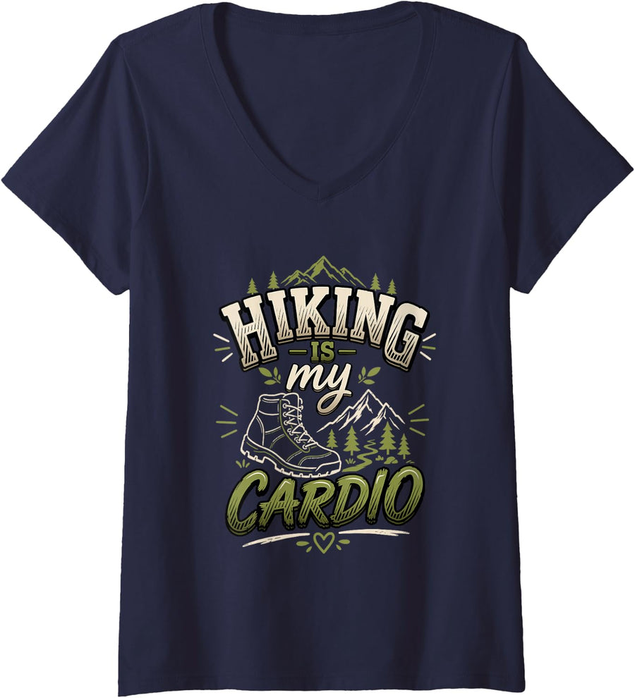 Women's Funny Hiking Nature Mountain Hiker V-Neck T-Shirt - Navy Blue