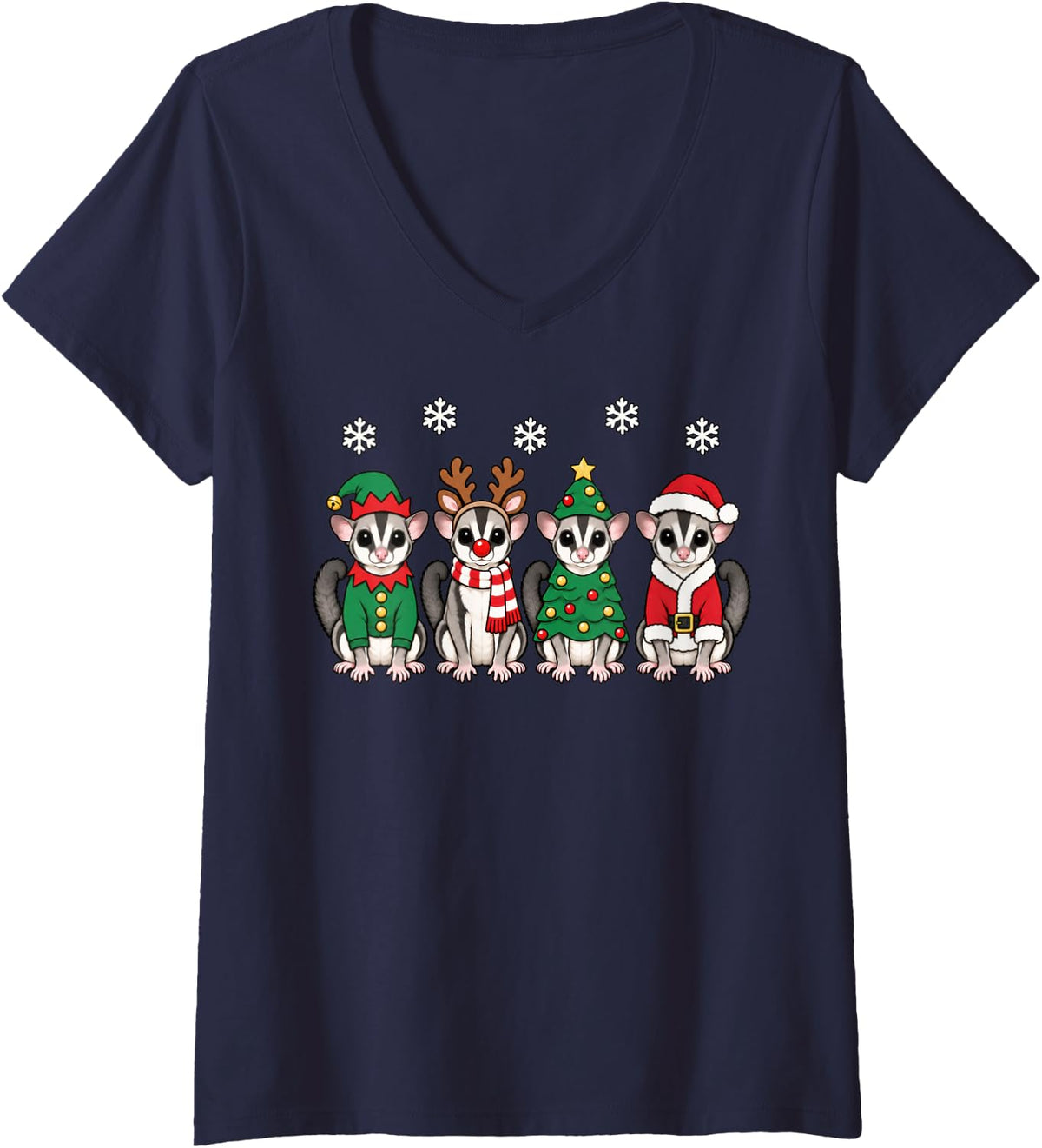 Women's Sugar Glider Christmas Reindeer Santa V-Neck T-Shirt - Navy Blue