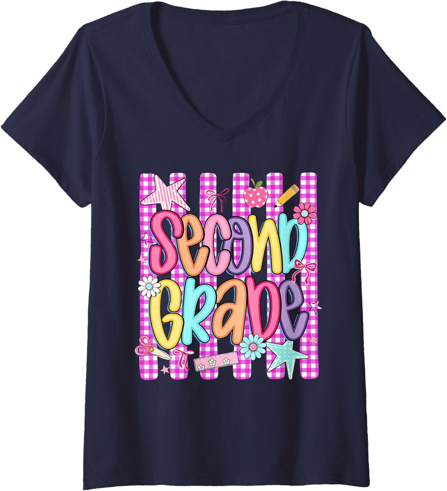 Women's Back to School 2nd Second Grade Pink Women Girl V-Neck T-Shirt - Navy Blue