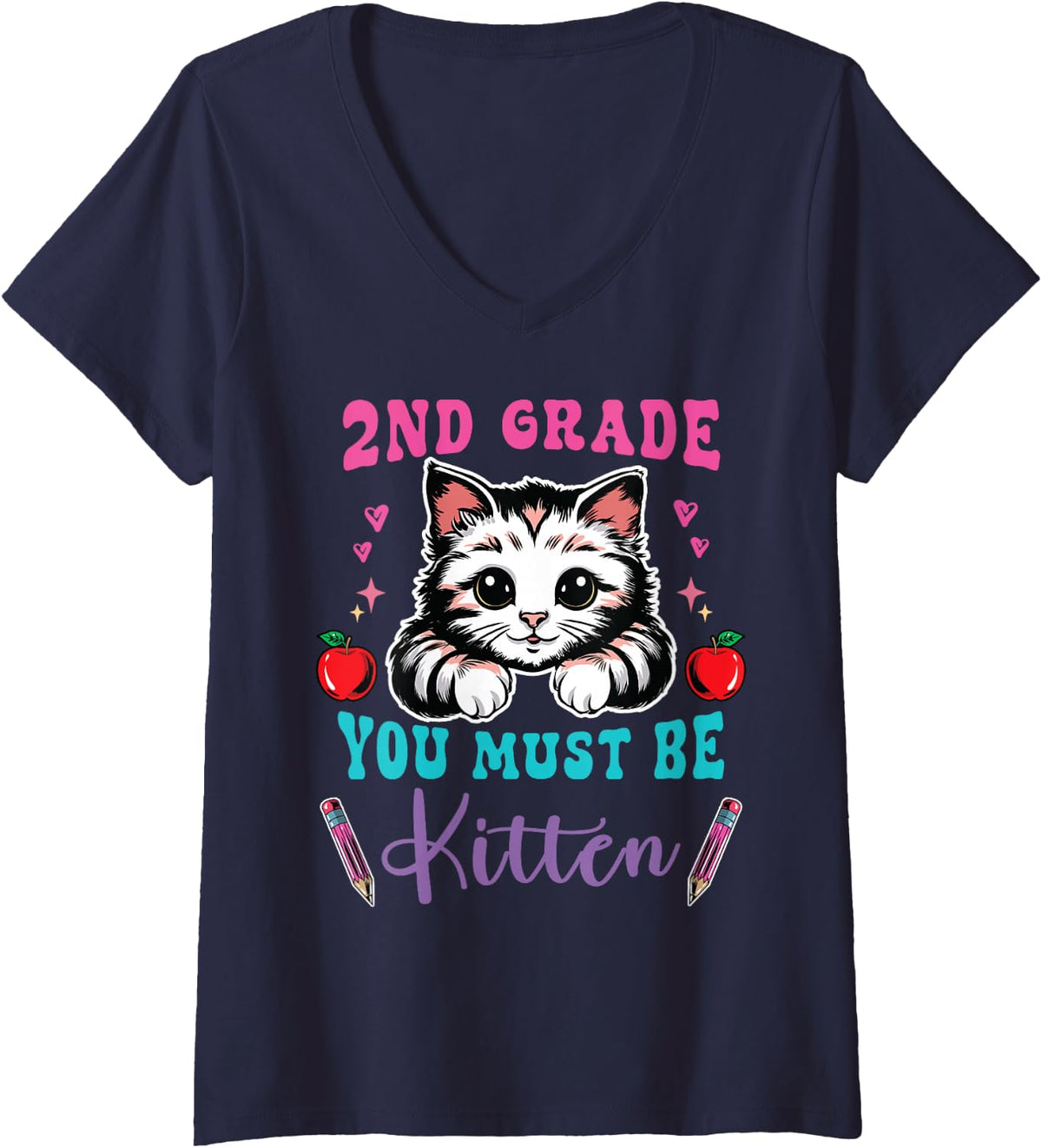 Women's Back to School 2nd Grade Must be Kitten Cute Cat Lover Gift V-Neck T-Shirt - Navy Blue