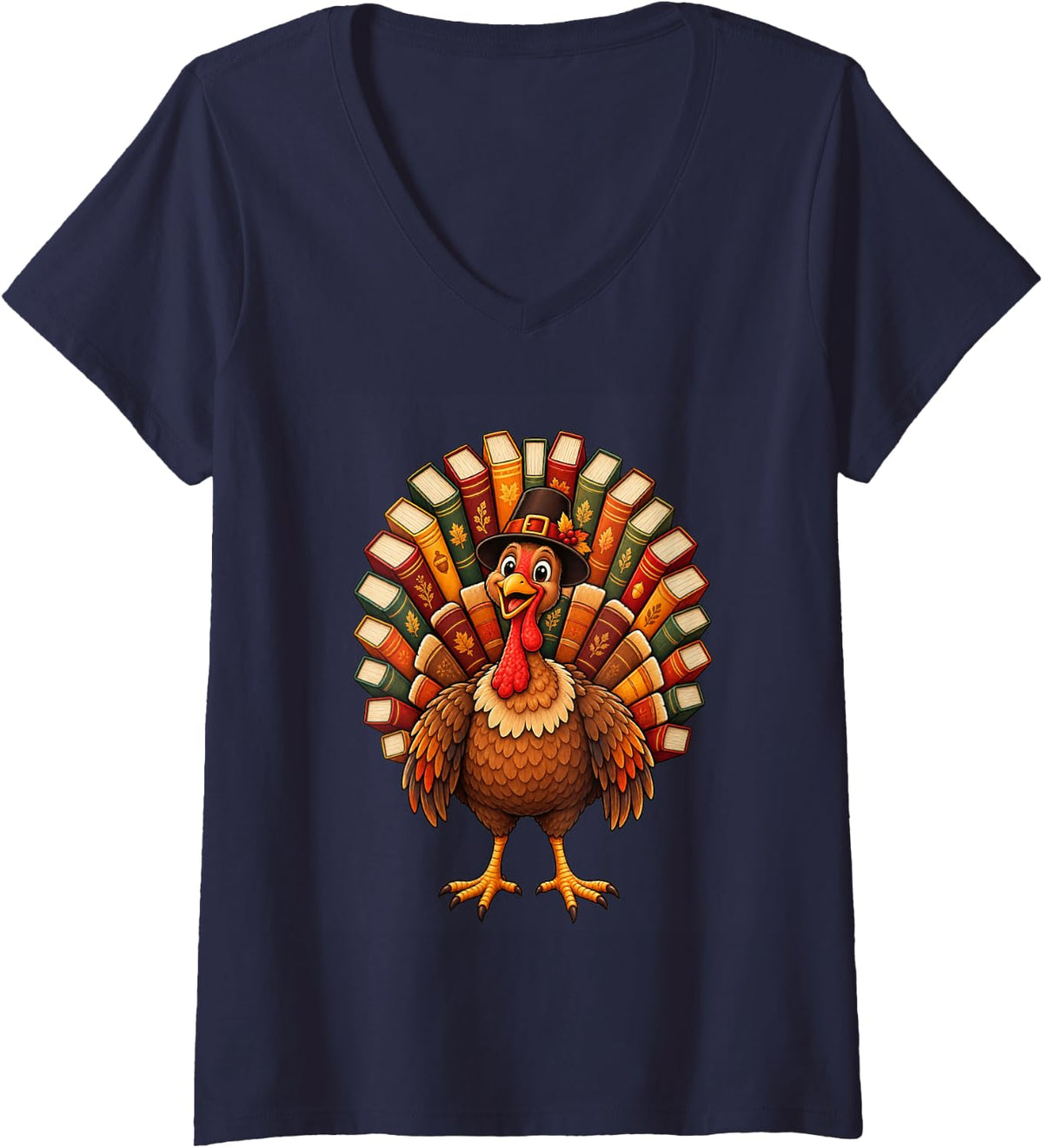 Women's Thanksgiving Turkey Book Feathers Reading Teacher Librarian V-Neck T-Shirt - Navy Blue