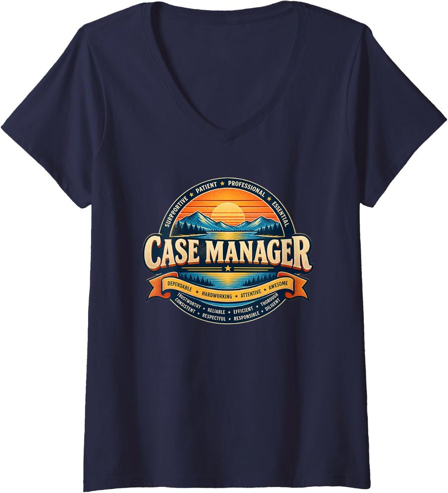 Women's Vintage Retro Mountain Sunset Case Manager Social Worker V-Neck T-Shirt - Navy Blue