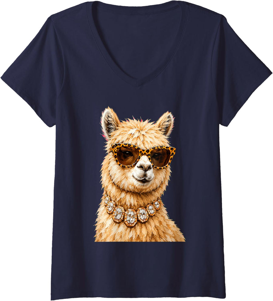 Women's Cool Alpaca Roar Leopard Sunglasses Funny Humor V-Neck T-Shirt - Navy Blue