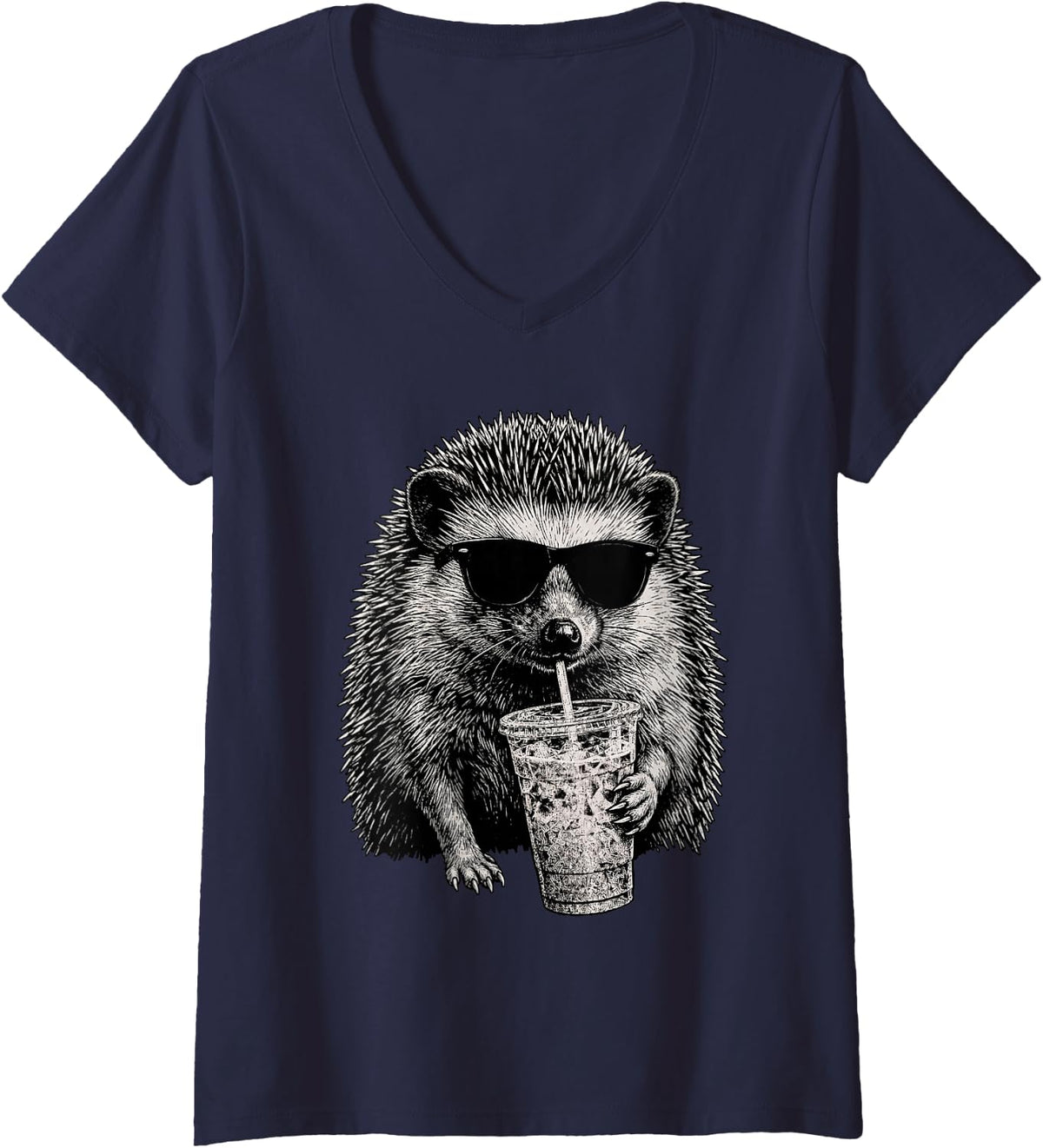 Women's Hedgehog Drinking Iced Coffee Wildlife Animal Humor V-Neck T-Shirt - Navy Blue