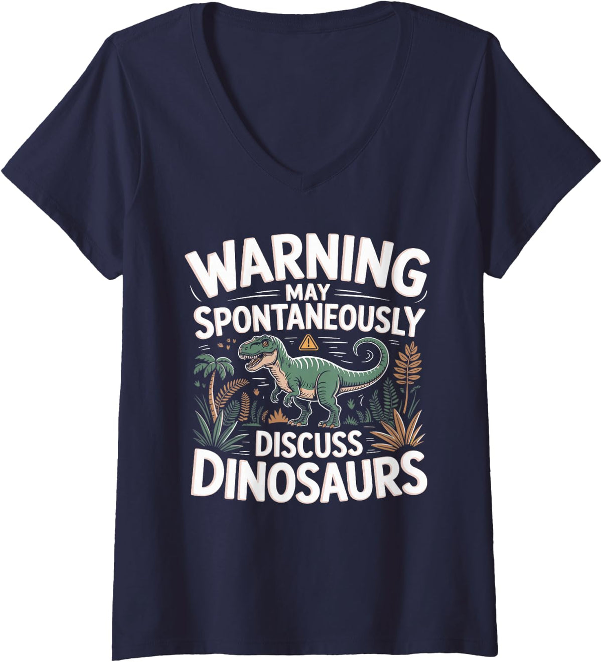 Women's Warning May Spontaneously Discuss Dinosaurs Dinosaur V-Neck T-Shirt - Navy Blue