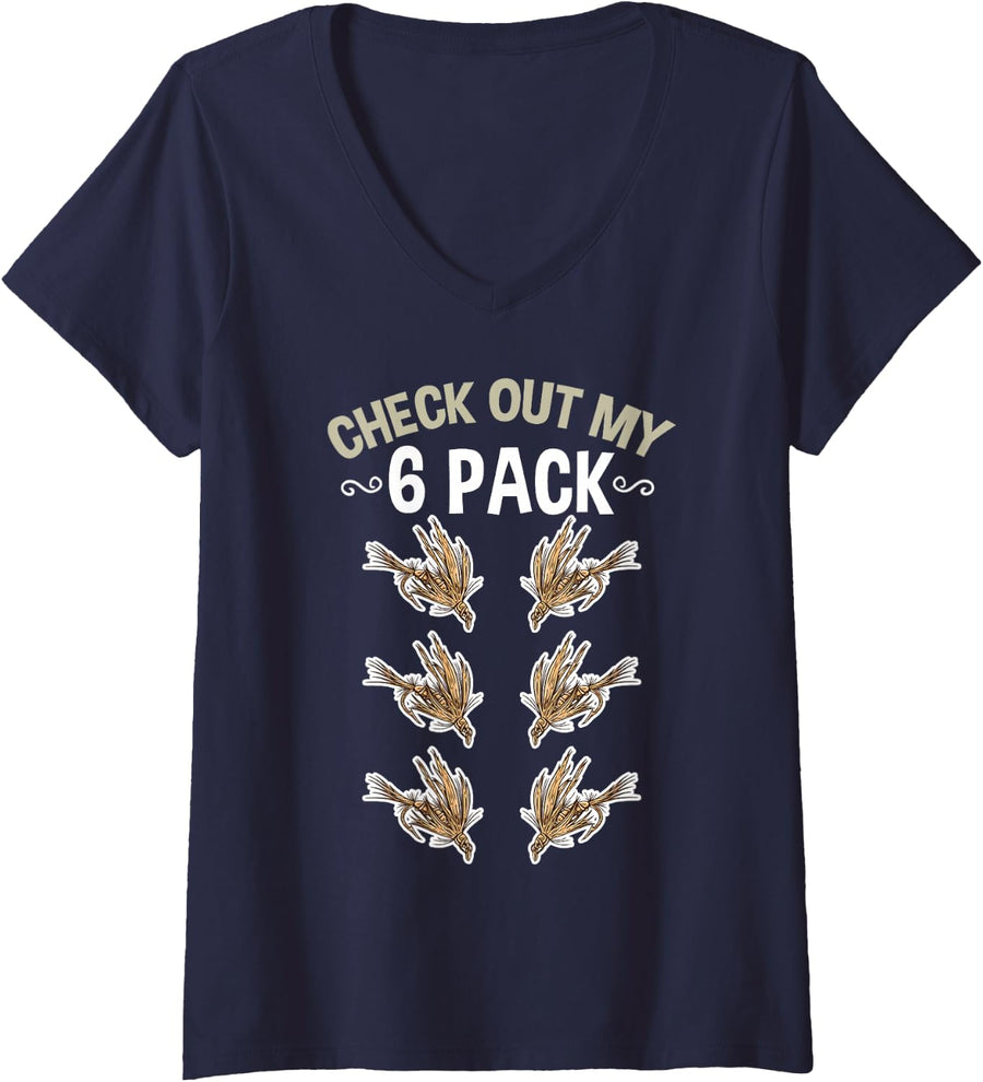 Women's Check Out My Six Pack Fly Fishing V-Neck T-Shirt - Navy Blue