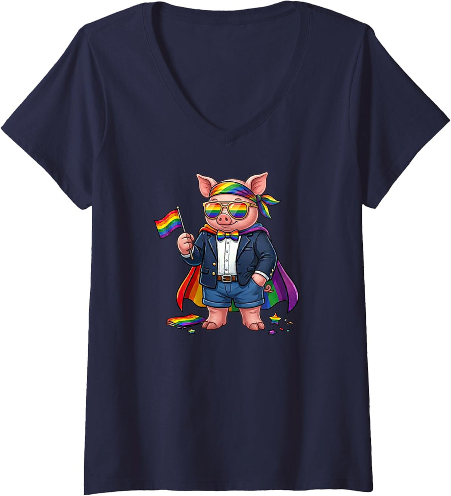 Women's Funny Pig LGBT Rainbow Lesbian Gay Pride Women Men V-Neck T-Shirt - Navy Blue