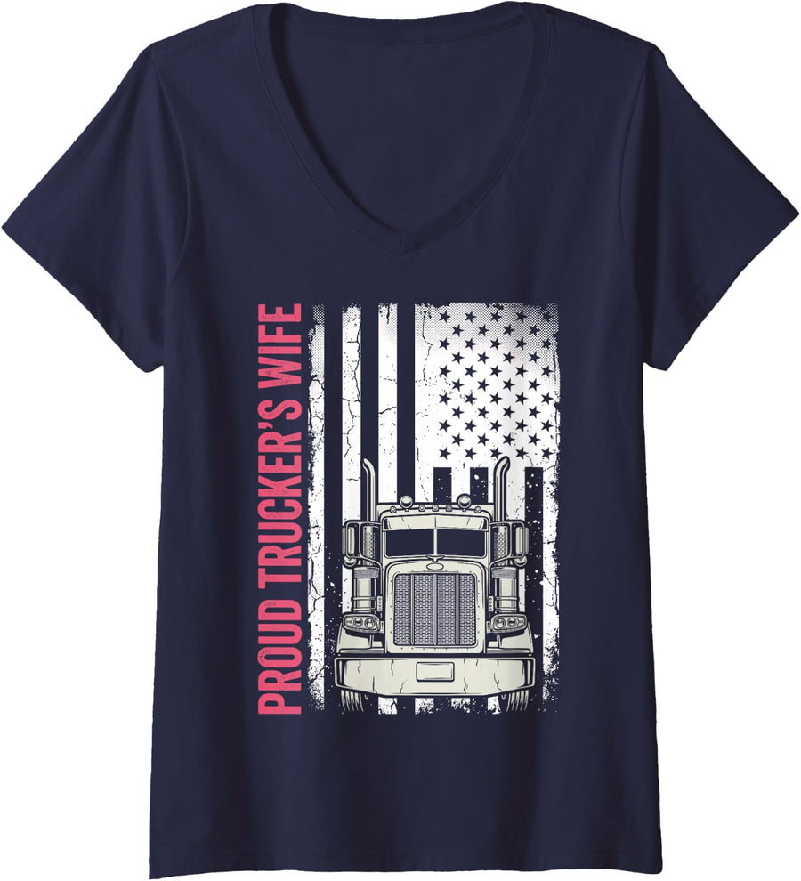 Women's Proud Trucker’s Wife US Flag Semi Truck Driver Wife Trucking V-Neck T-Shirt - Navy Blue