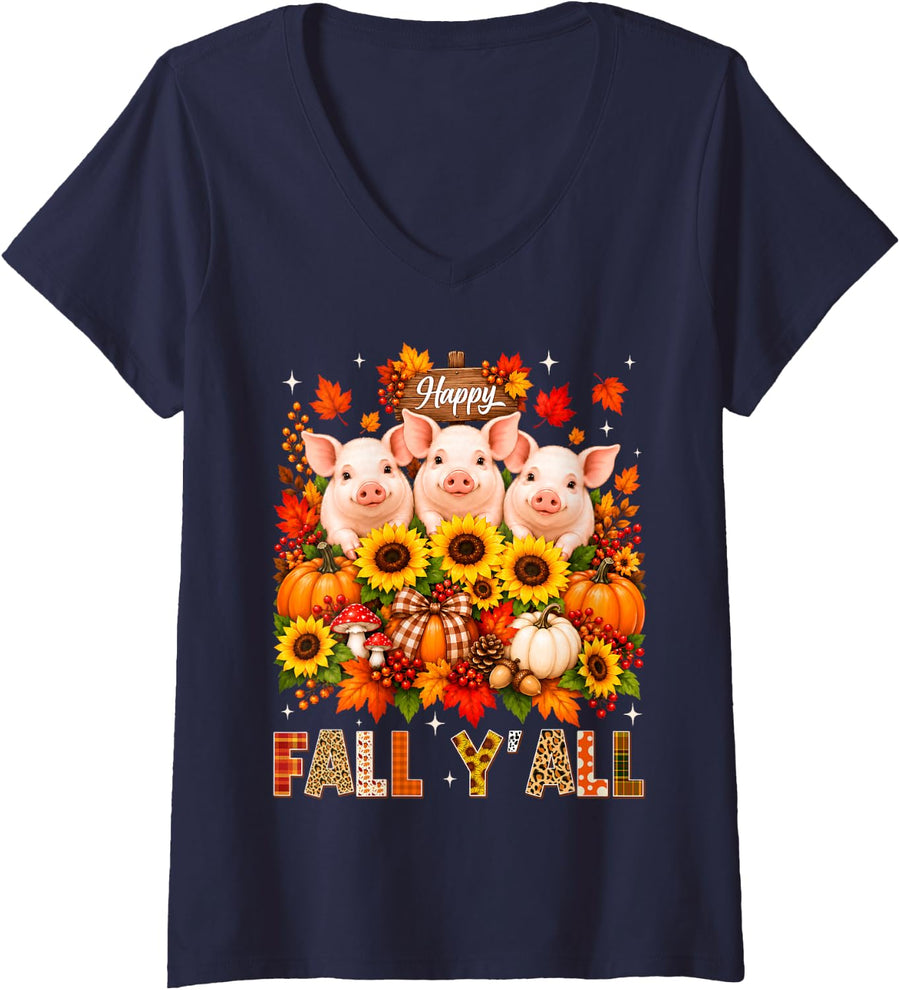 Women's Fall Y'all Happy Thanksgiving Leopard Autumn Cute Pig Lover V-Neck T-Shirt - Navy Blue