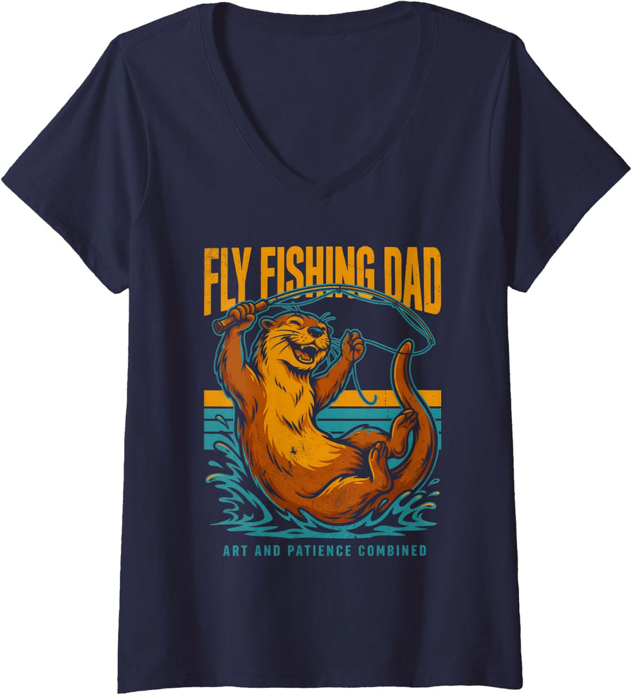 Women's Fly Fishing Dad Art and Patience Combined V-Neck T-Shirt - Navy Blue