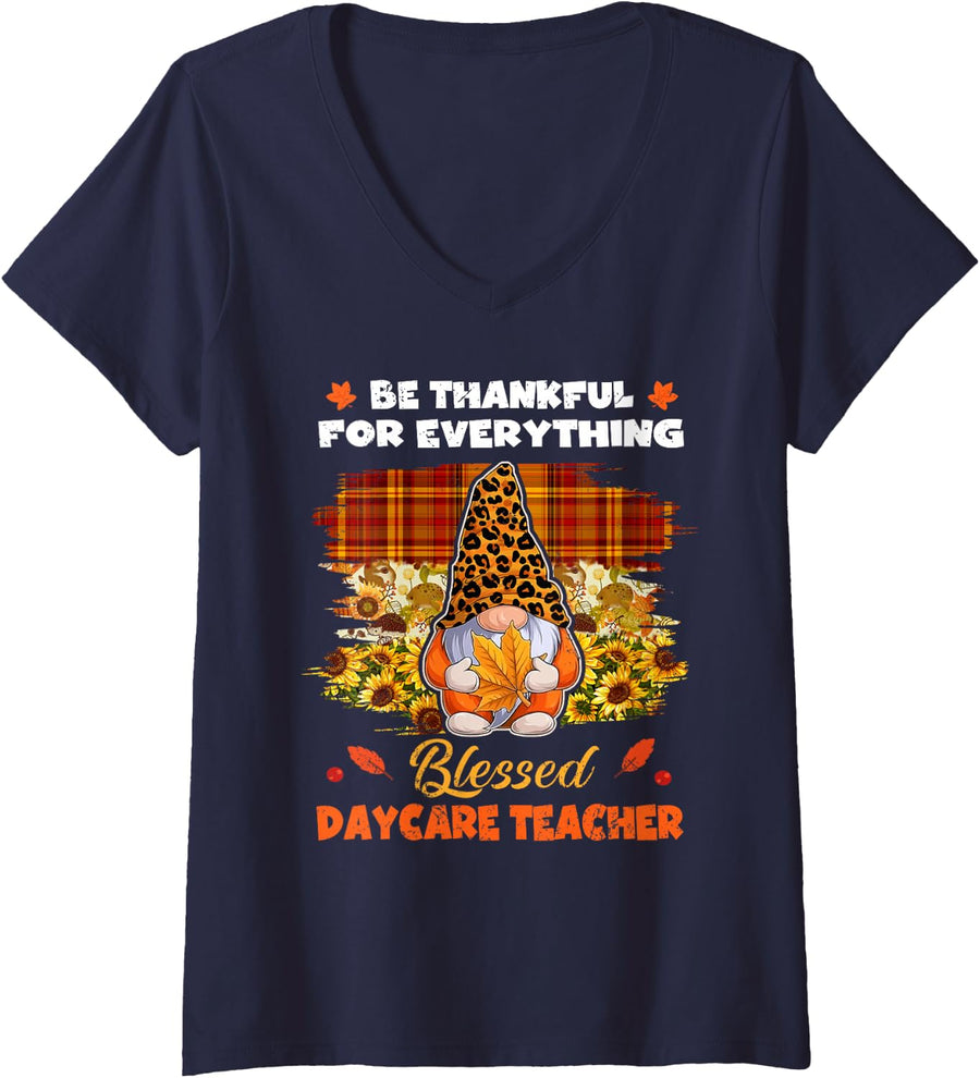 Women's Thankful Blessed Daycare Teacher Gnome Thanksgiving V-Neck T-Shirt - Navy Blue