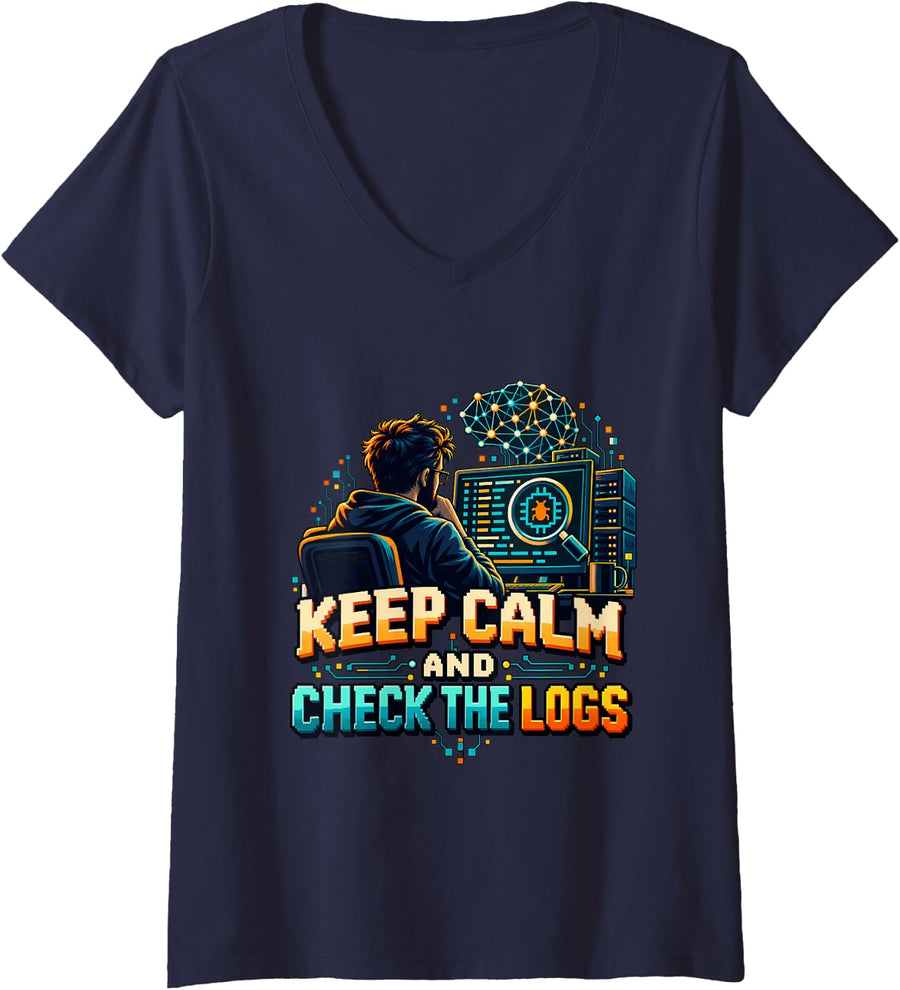 Women's Keep Calm and Check The Logs AI Architect Debugging V-Neck T-Shirt - Navy Blue