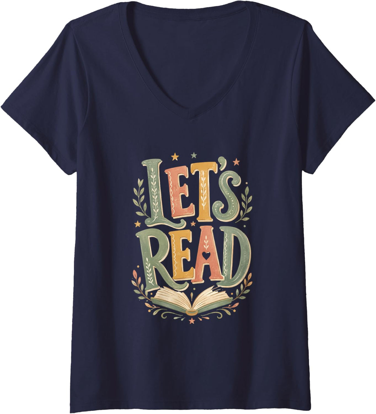 Women's Lets Read Book Lover Library Reading Teacher V-Neck T-Shirt - Navy Blue