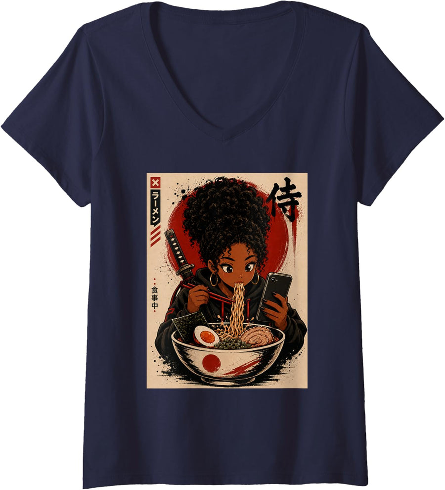 Women's Black Anime Girl Samurai Eating Ramen Japanese Art V-Neck T-Shirt - Navy Blue