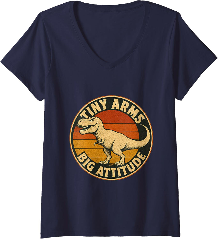 Women's Tiny Arms Big Attitude T Rex Dinosaur Humor for Dino Lovers V-Neck T-Shirt - Navy Blue