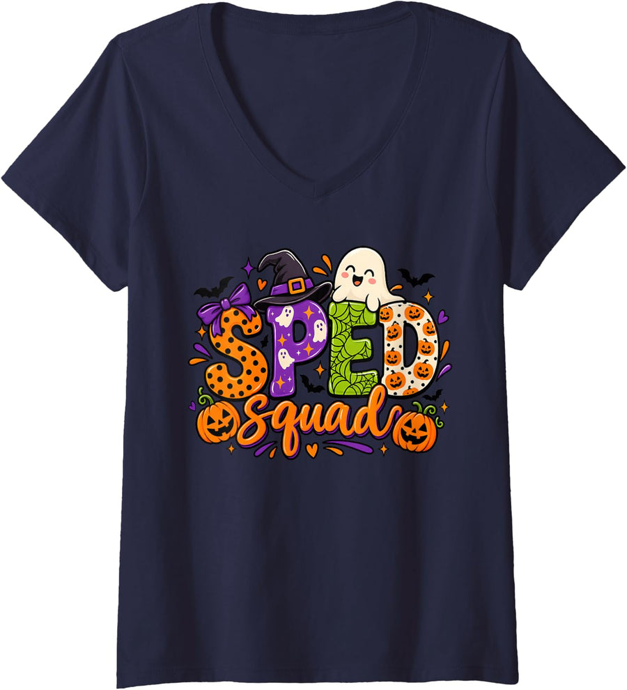 Women's Funny Sped Squad Special Education Teacher Halloween V-Neck T-Shirt - Navy Blue