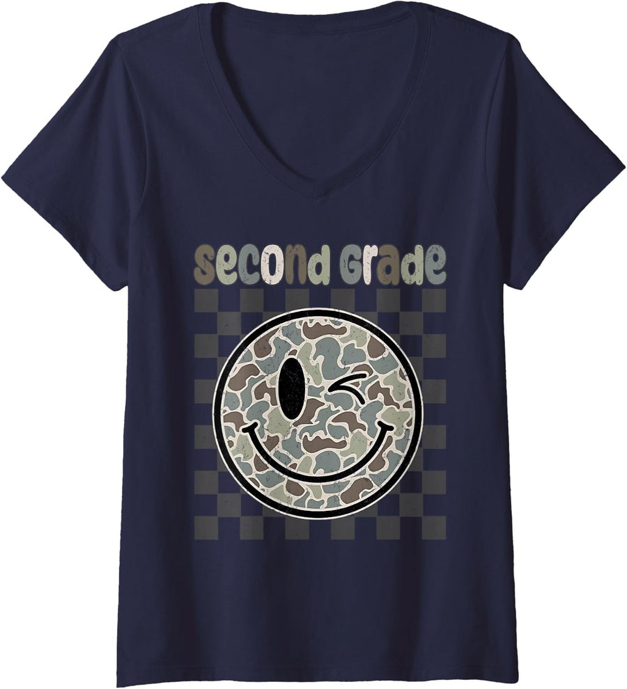 Women's Camo Smile Face Back to School 2nd Second Grade Dude Boy Kid V-Neck T-Shirt - Navy Blue